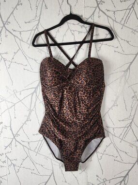 Simon Chang Brown Leopard Print Strappy Ruched One Piece Swimsuit